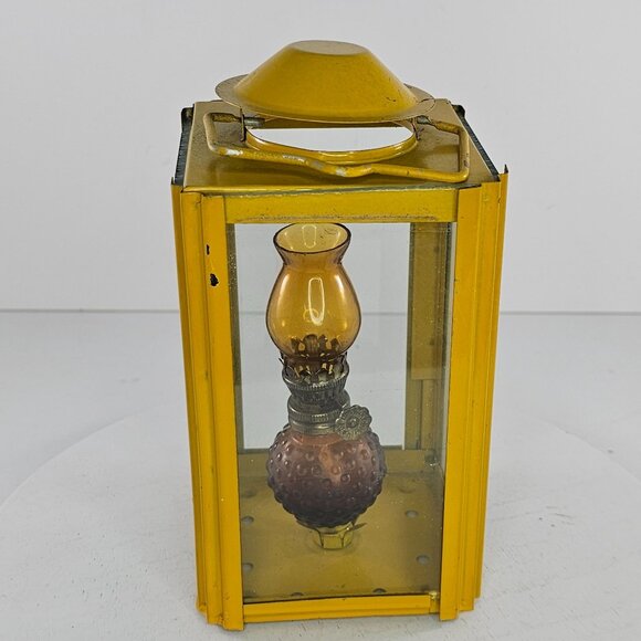 Vintage Square Yellow Square Lantern With Amber Hobanil Oil Lamp Hong Kong - Picture 4 of 6